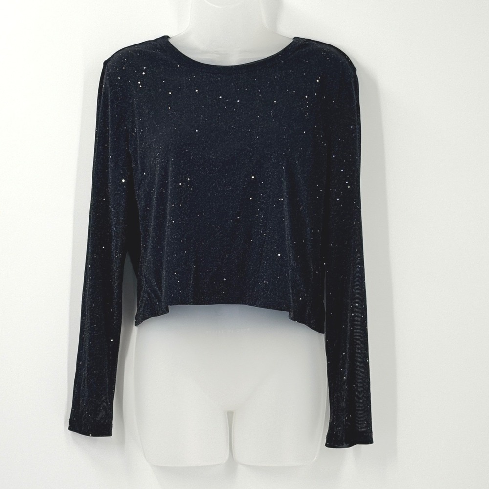 Glitter Mesh Crop Top Womens sz XL Black Whimsigoth Sparkle Shimmer witchy club